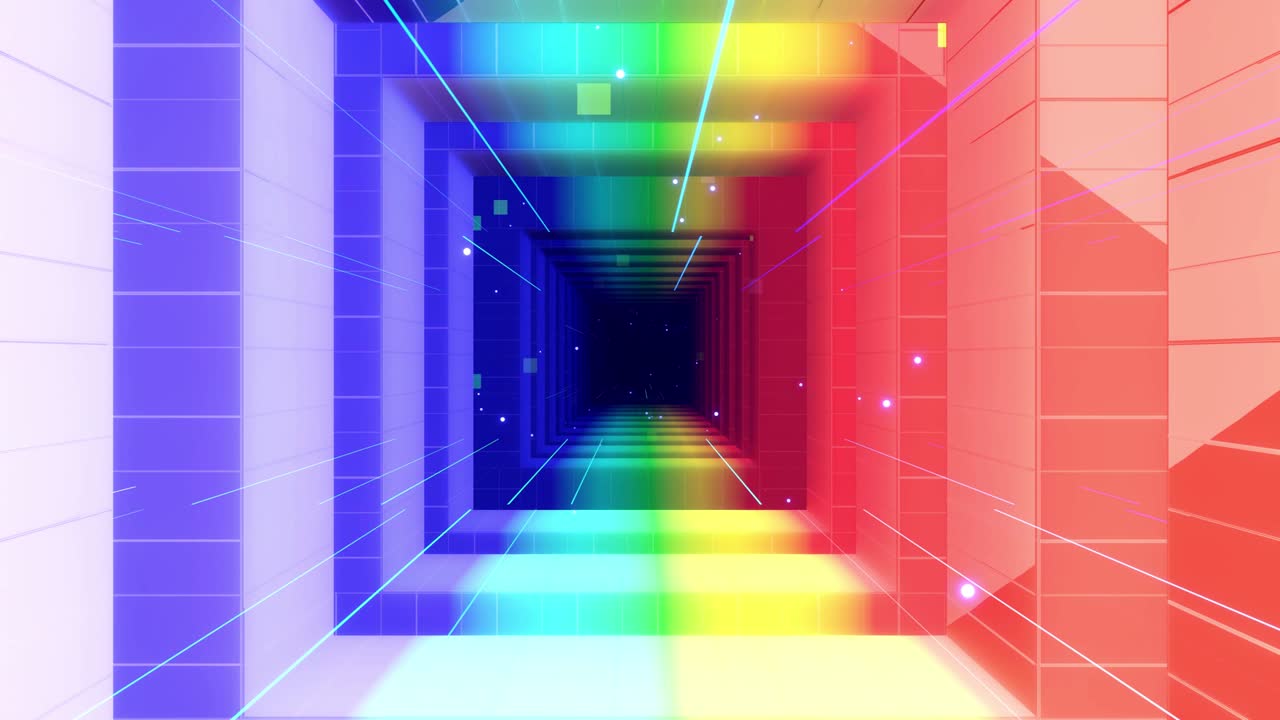 brillante hermoso fondo geométrico. vuelo a través del espacio de arte lleno de estructuras rectangulares o cúbicas, luz de neón. gradiente de color arco iris. bucles vj. 4k 3d render gráficos de movimiento bg