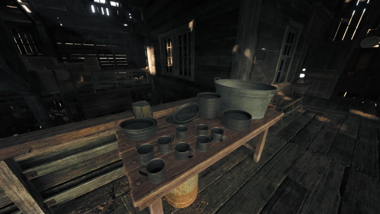 오래된 건물 에 있는 금속 컵, 접시, 바구니 를 가진 농촌 의 나무 테이블