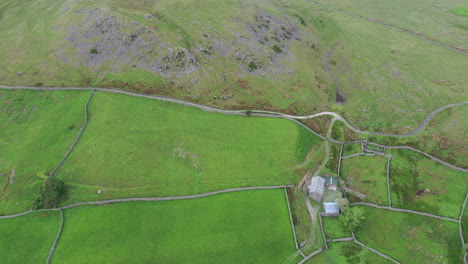 Aerial-view-of-farm-land-in-the-English-Lake-District,-showing-fields-and-farm-buildings,-bright-sunny-day