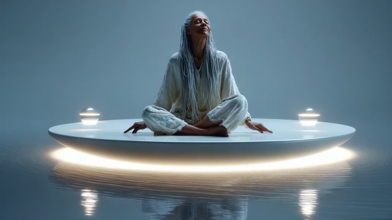 A serene and transcendent scene showcasing an elderly woman meditating peacefully on a minimalist platform illuminated by soft lighting, creating a calming and ethereal atmosphere