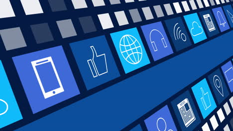 animación de iconos digitales en línea y rayas azules que se mueven sobre un fondo azul oscuro
