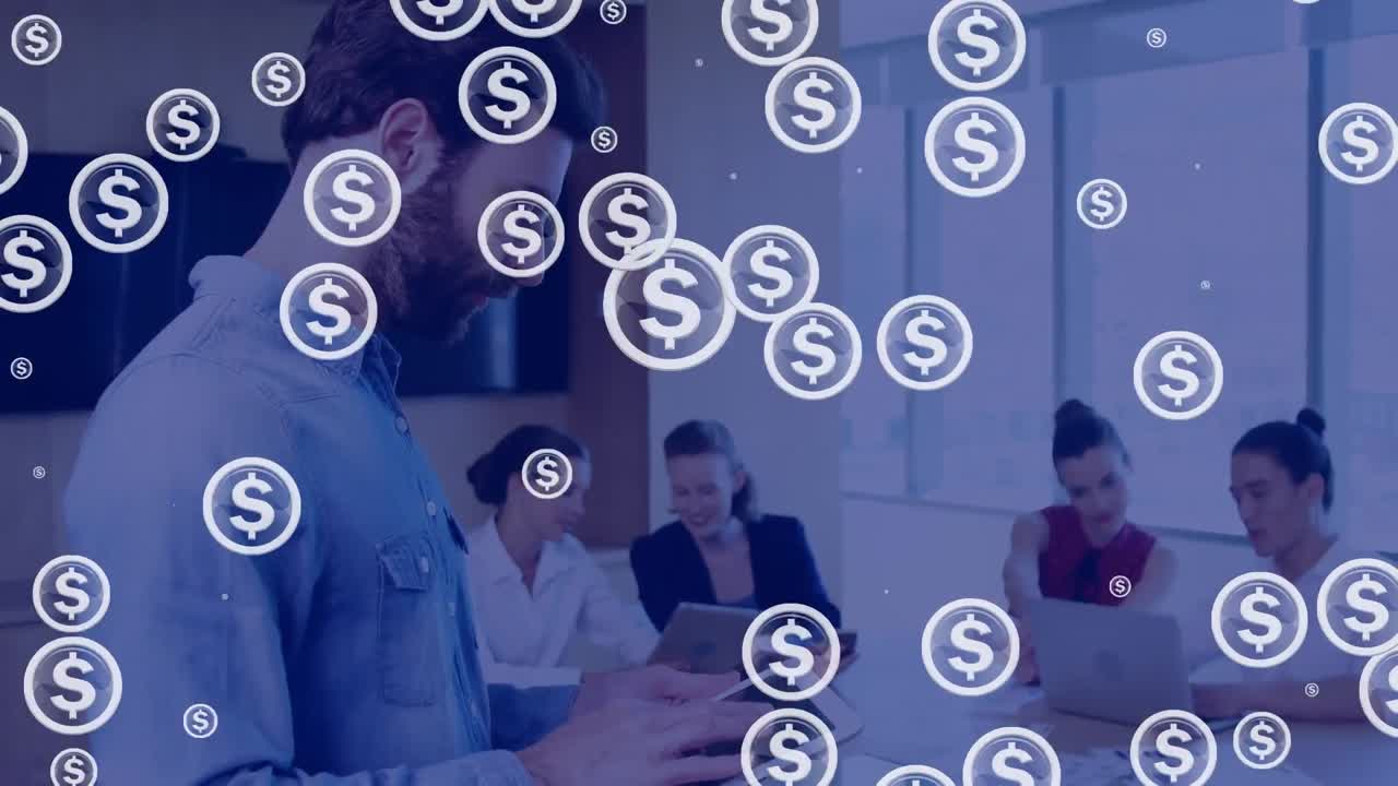 animación de dólares canta sobre un grupo diverso de personas de negocios