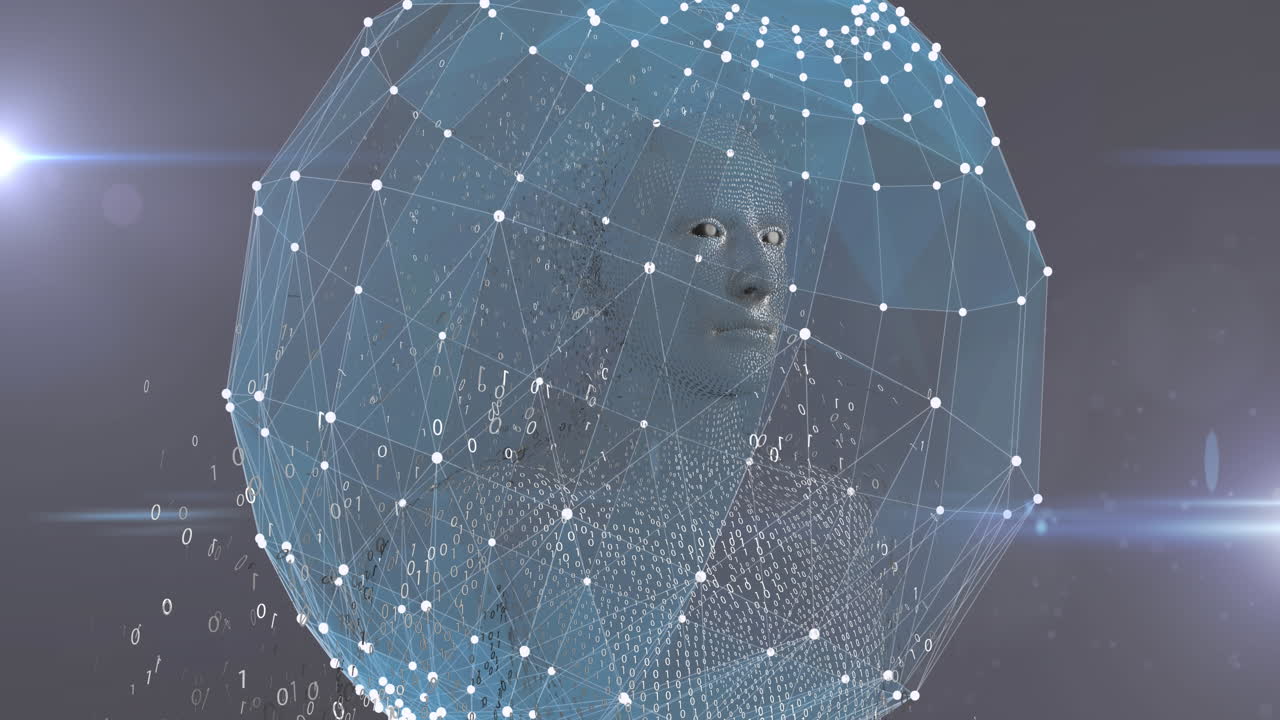 Male human body model and binary coding against globe of network of connections on grey background