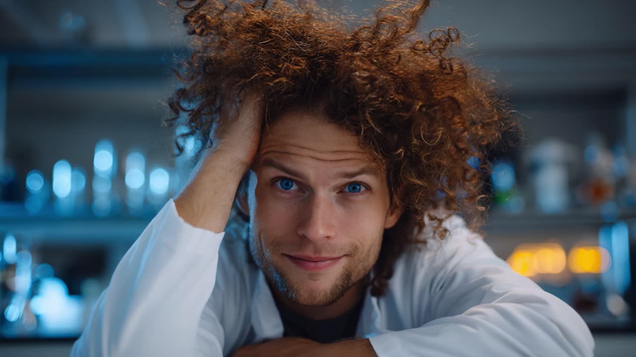 A cheerful scientist with curly hair poses happily in a laboratory setting, showcasing a blend of enthusiasm and expertise in the field of science and research