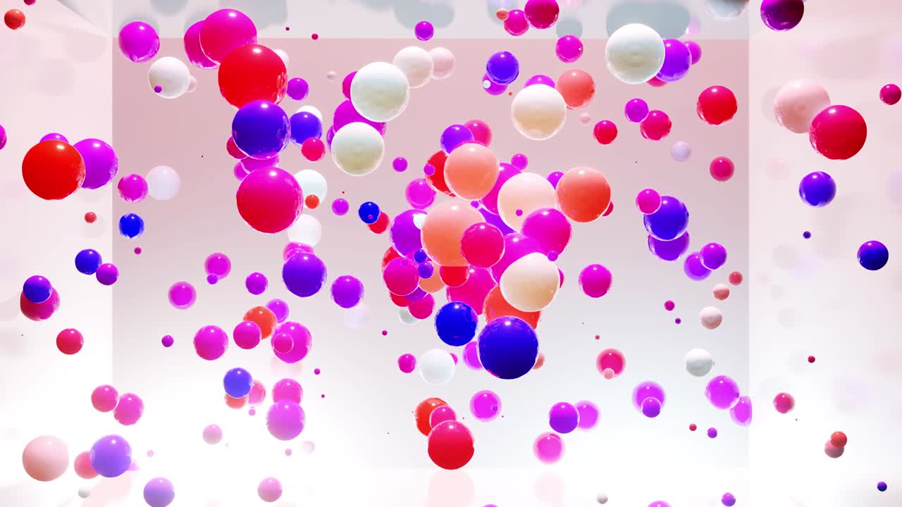 무작위로 빛나고 서로 반사되는 공중의 다채로운 공의 추상적인 구성, 공중의 여러 가지 색의 구, 단순한 기하학적 빛의 배경으로 빛의 효과와 함께 빛의 방.