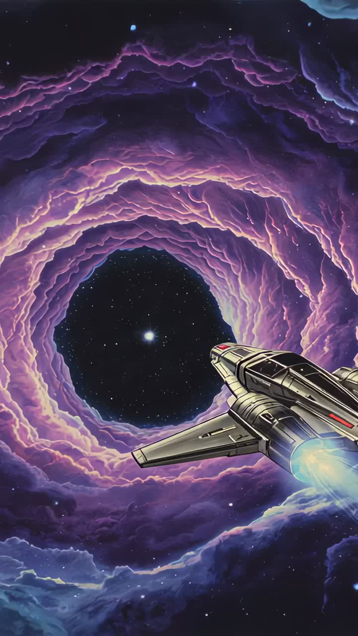 Vertical video: Engine firing ship moving into purple vortex to star void blue plume, copy space