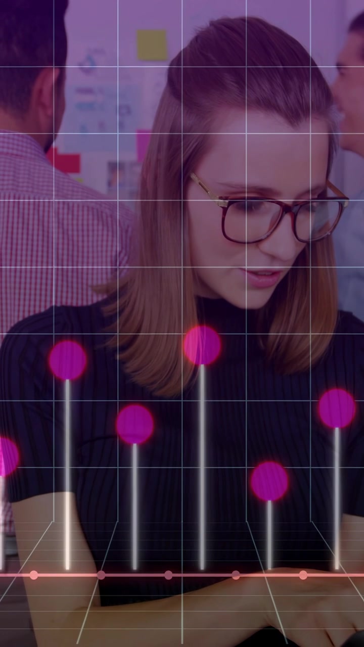 Vertical video: Woman tapping phone, creating rising overlay bars with pink markers for business