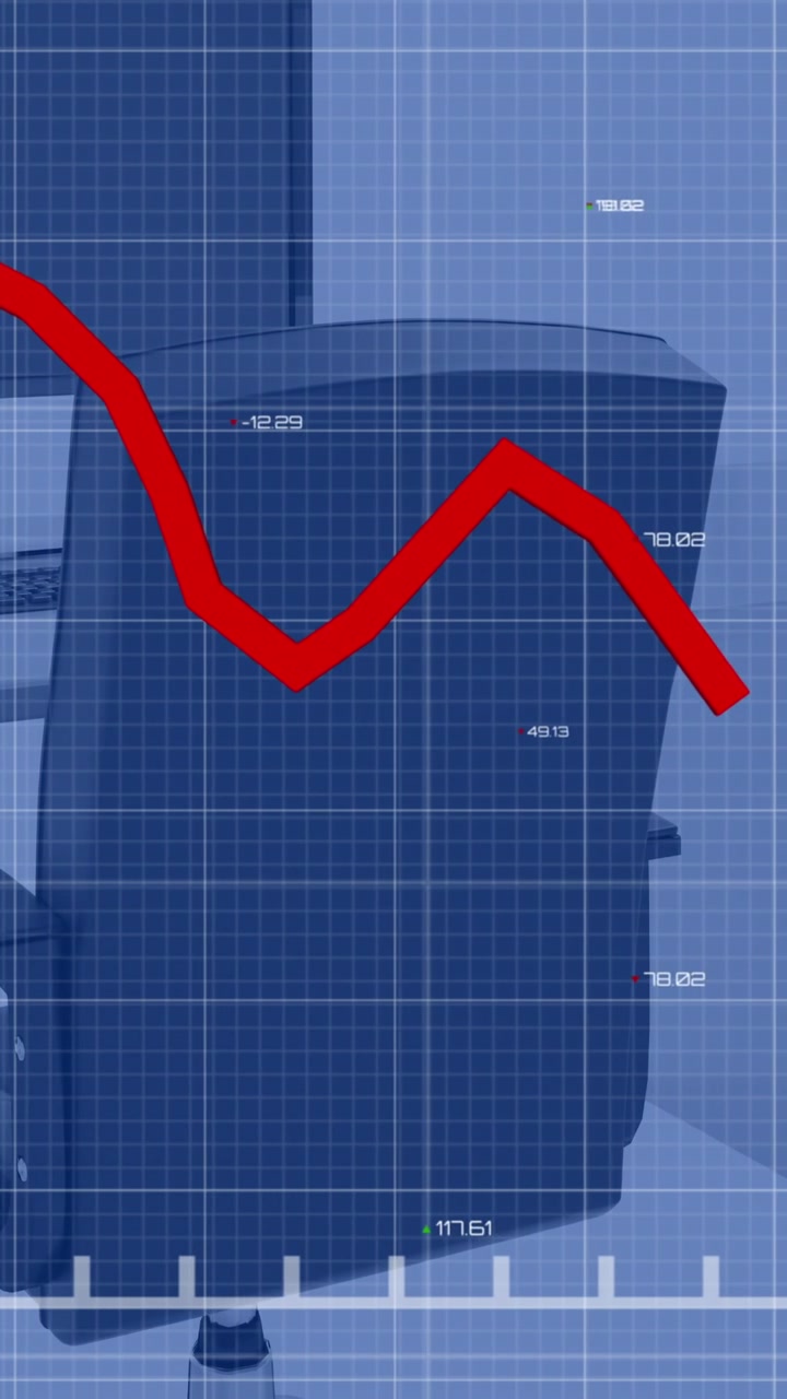 Red line graph and processing data over computer on desk in empty office