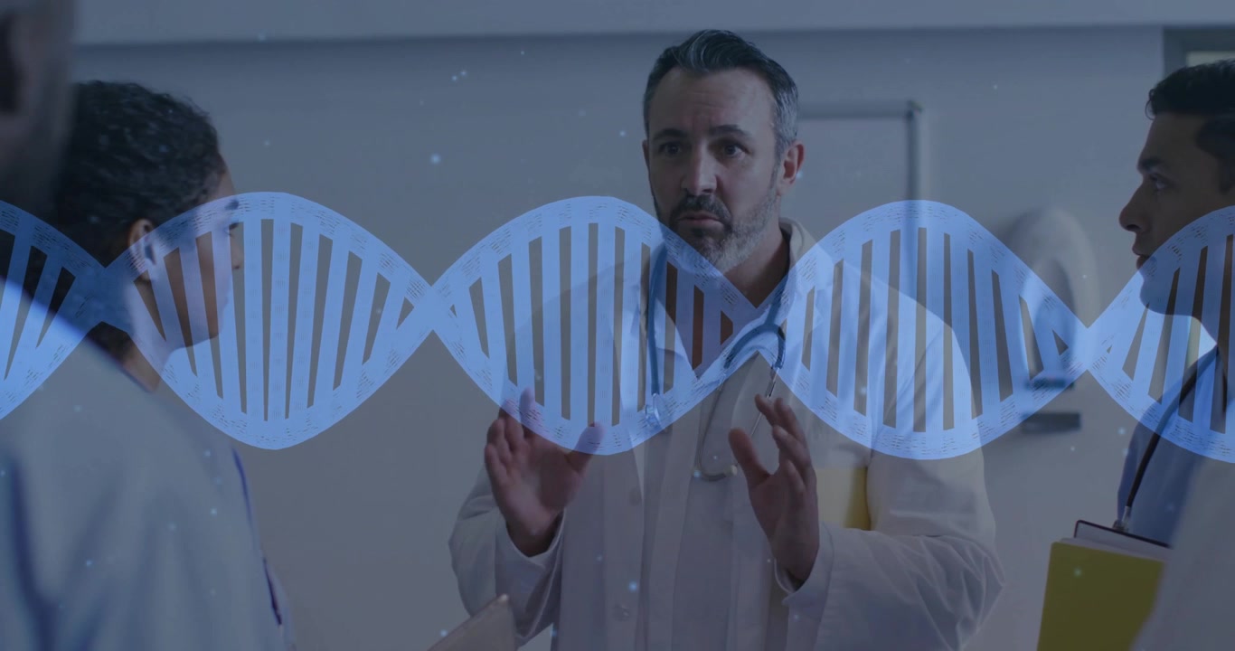 Team holding manila folder starting genetic testing briefing in corridor with pulsing DNA helix
