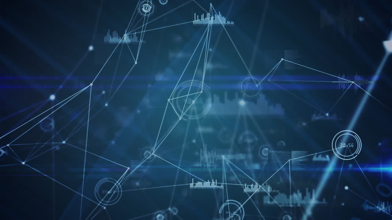 Animation of networks of connections and data processing over black background