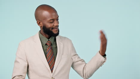 hand, pointing and a business man in studio
