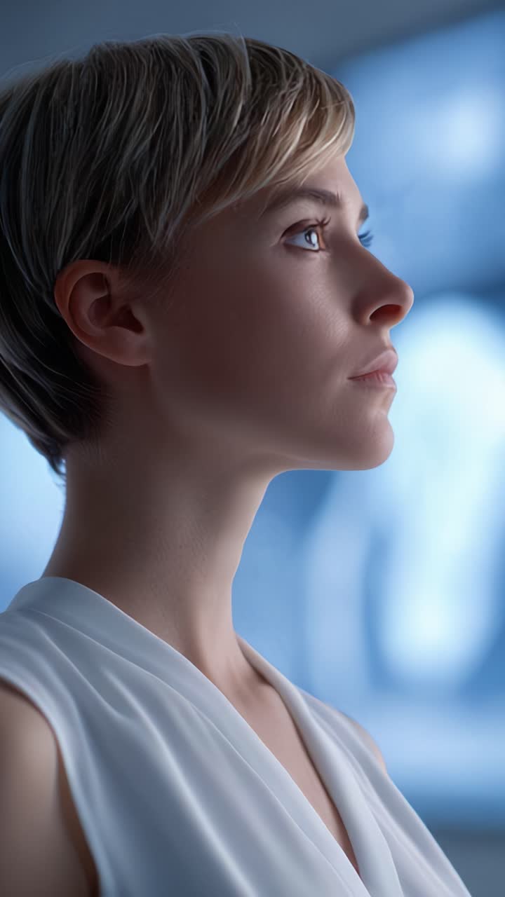 Visuale di profilo di una donna pensierosa con illuminazione soffusa, che cattura un momento di riflessione e introspezione su uno sfondo astratto