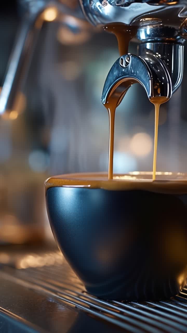 Et slående nærbillede af espresso, der hældes i en sort skål, som fanger bryggens rige farve og tekstur i et hyggeligt café-miljø.