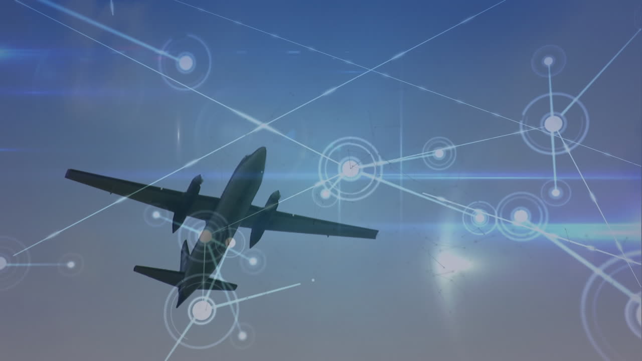 анимация сети соединений и световых следов над самолетом, летящим в небе