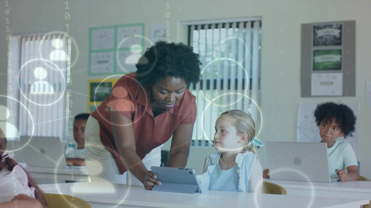Teacher leaning over girl and tapping tablet, causing icons and binary lines linking to learning