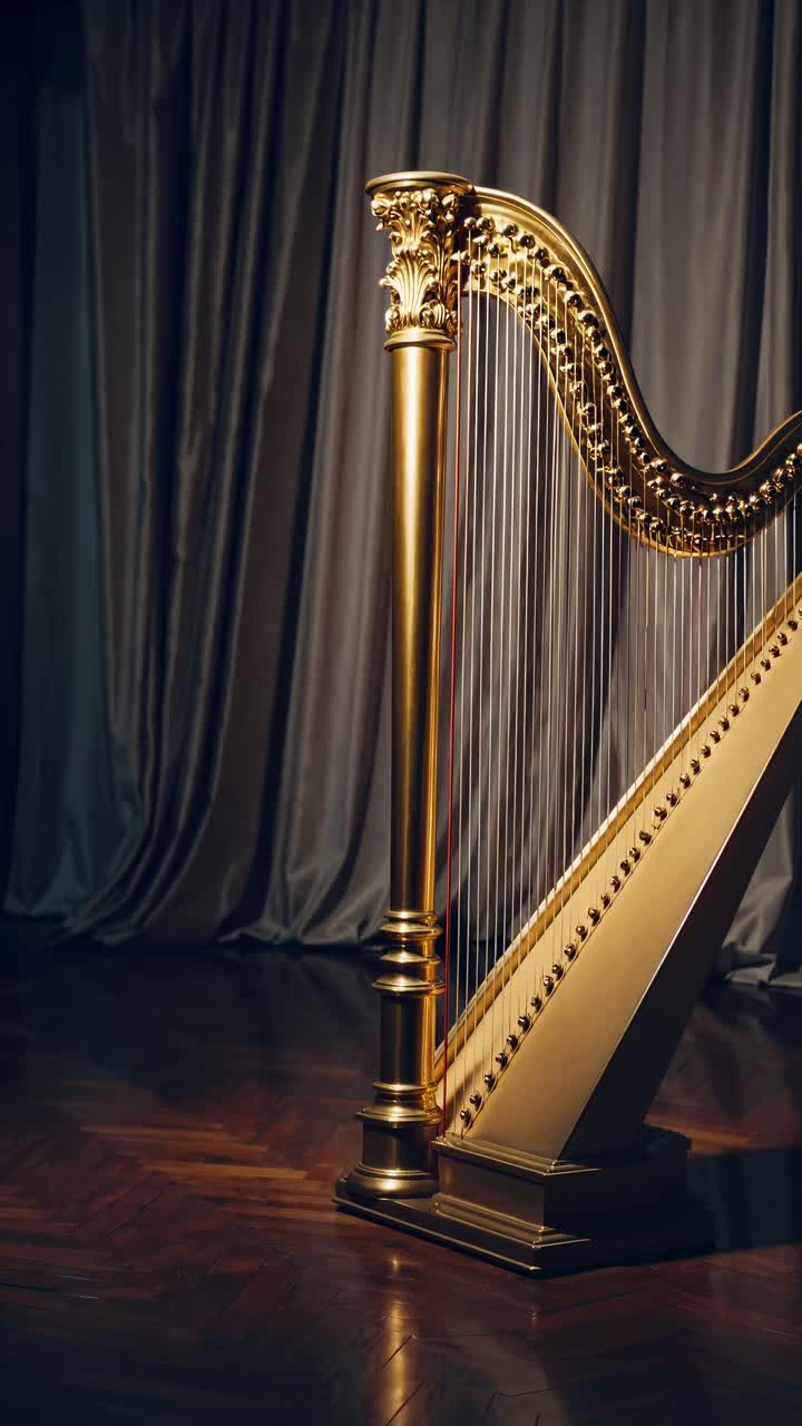 Elegant golden harp in a dimly lit room, captured from a low angle