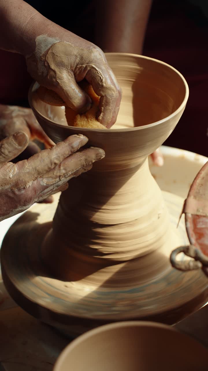 A close-up of a skilled potter's hands using a sponge to smooth and shape a wet clay bowl during a lesson on a spinning potter's wheel in a creative art workshop.