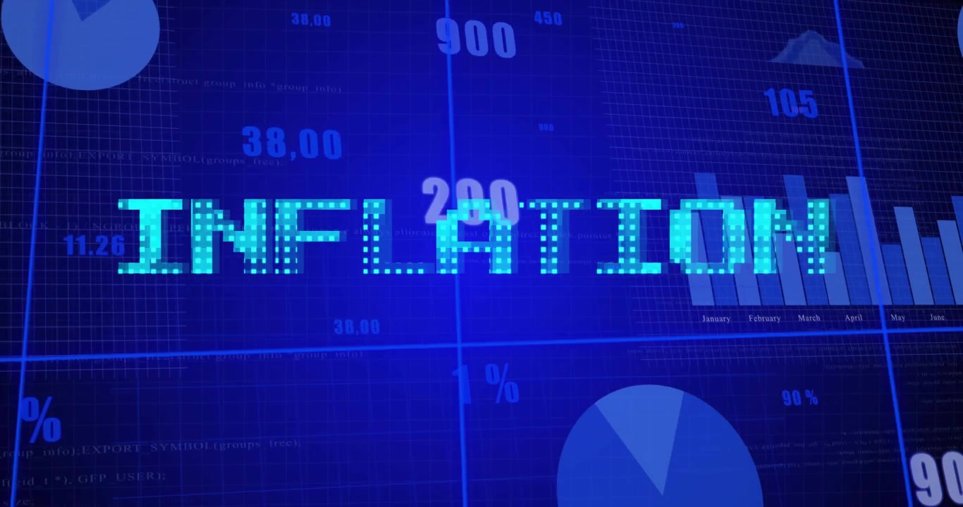Sequenza che inizia mostrando una scansione ciano pixelata di INFLATION, con panoramica a destra che rivela una dashboard