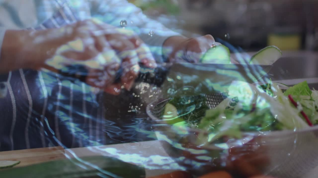 Placing cucumber on board, woman slicing rounds for food with water overlay emphasizing freshness