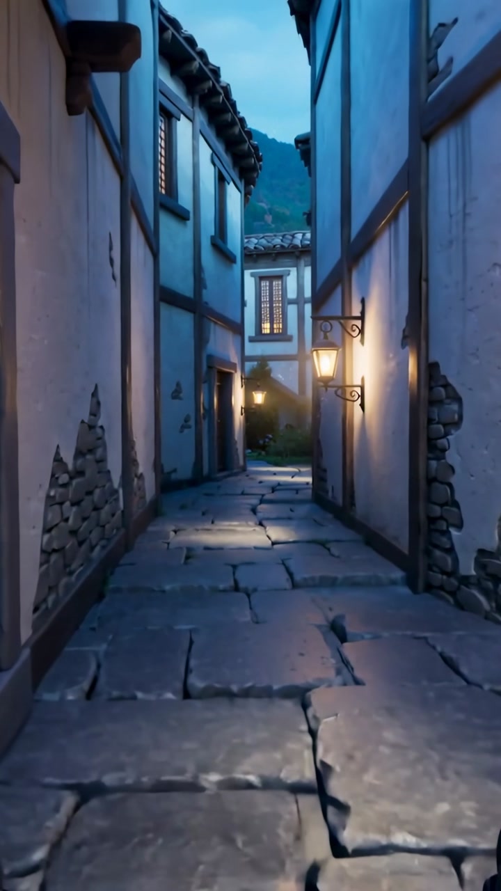Vertical video: Moving camera starting at alley mouth advancing along stone path toward lit window