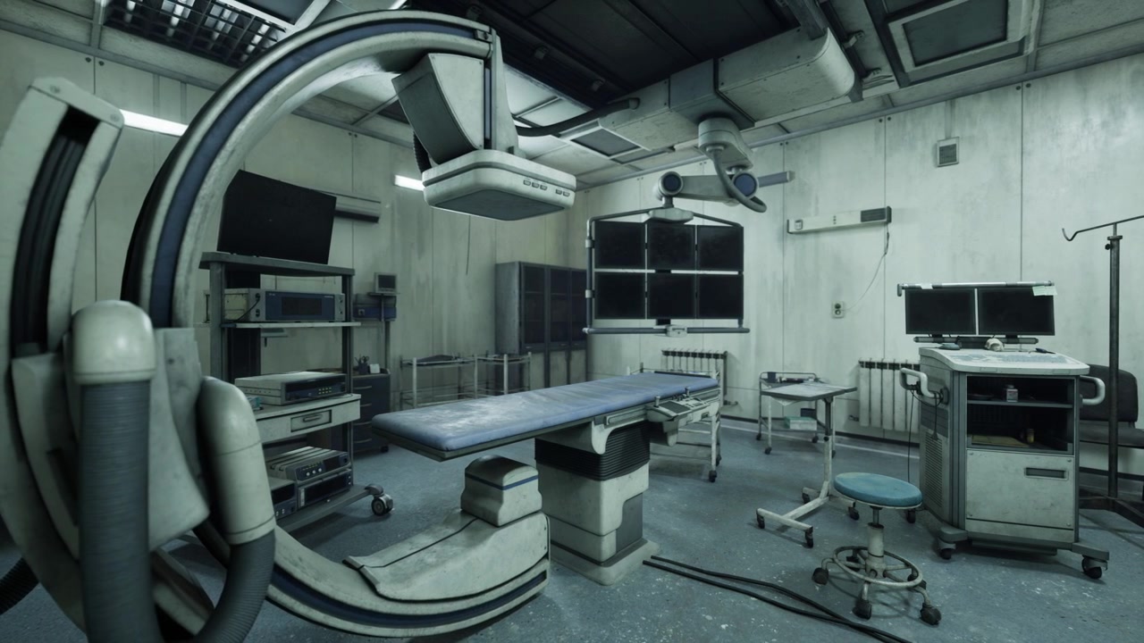 Sterkt opplyst kirurgisk rom utstyrt for intervensjonsradiologiske prosedyrer