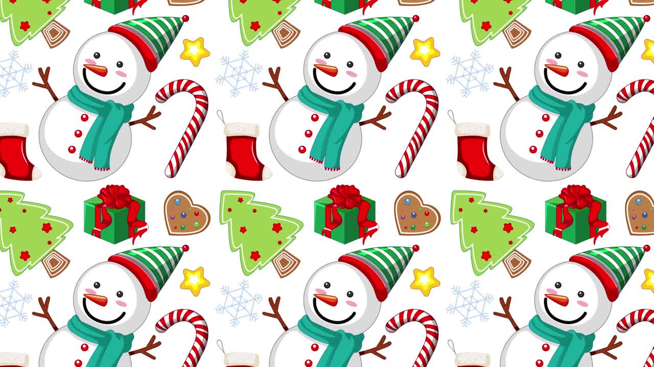 Cheerful snowmen with gifts and candy canes