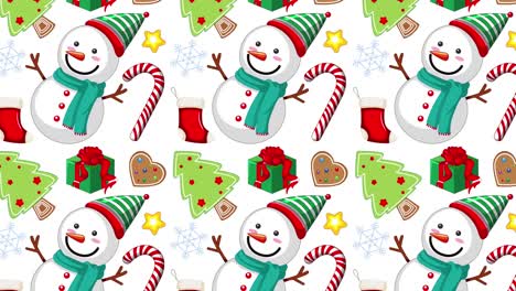 cheerful snowmen with gifts and candy canes