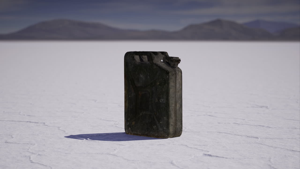Desolate salt flat with a solitary fuel container under a clear sky