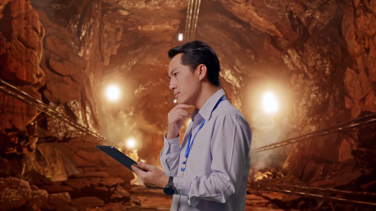 Side View Of An Asian Male Professional Worker In Underground Mine Tunnel, Observes By Looking Up Before He Come To Concentrating On The Tablet And Keep On Checking