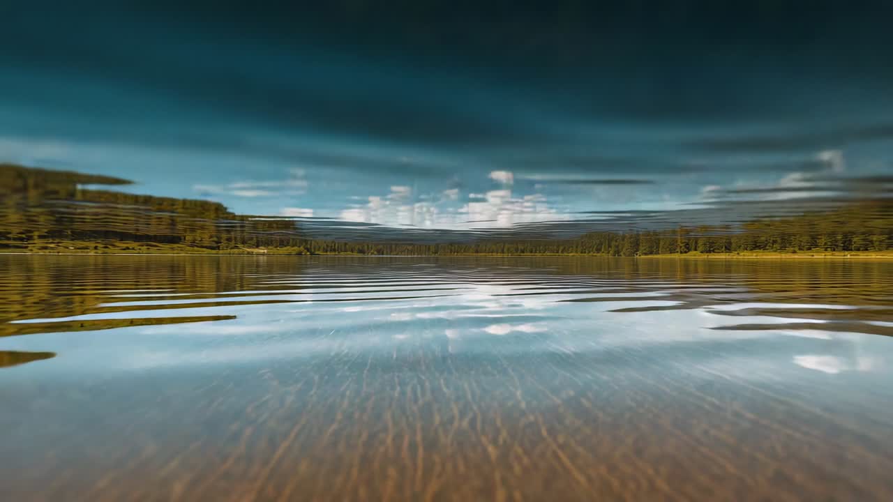 Rippling shallow lake after ripple sending rings across treeline and sky reflections, exposing sand