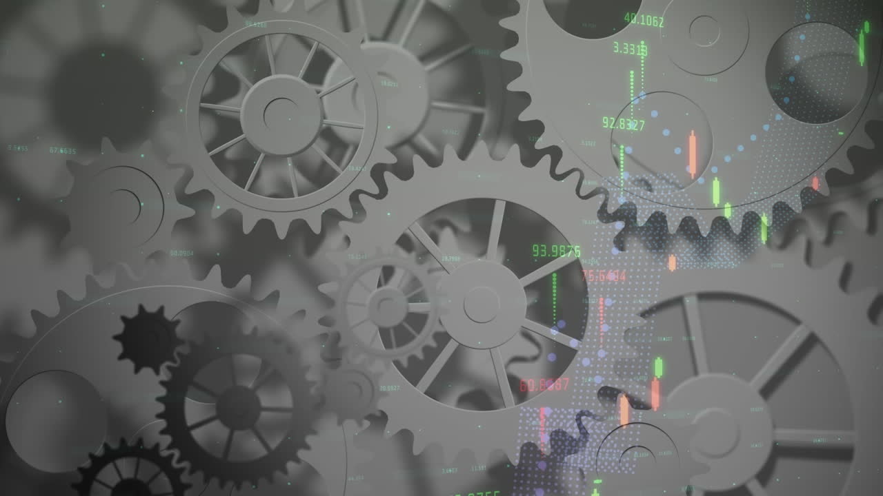 animación de datos y flechas sobre engranajes giratorios en gris