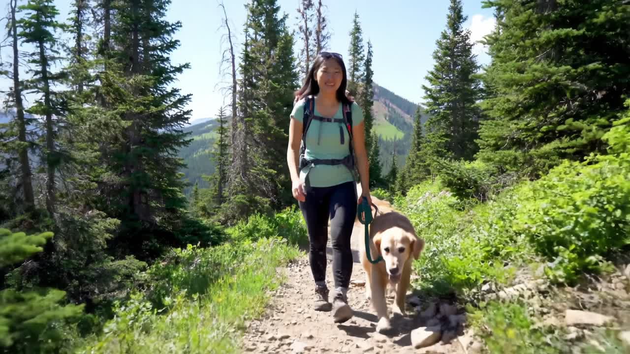 A Vibrant Hiking Adventure: A Joyful Woman and Her Loyal Dog Trekking Through Lush Green Trails Beneath Clear Blue Skies in a Picturesque Mountain Landscape