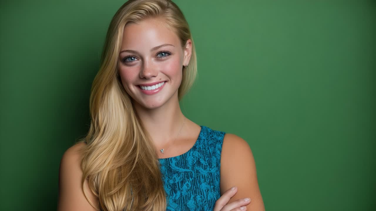 Una giovane donna allegra con lunghi capelli biondi sorride su uno sfondo verde indossando un bellissimo abito blu