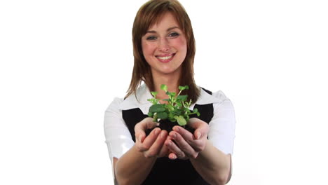 mujer sosteniendo una planta