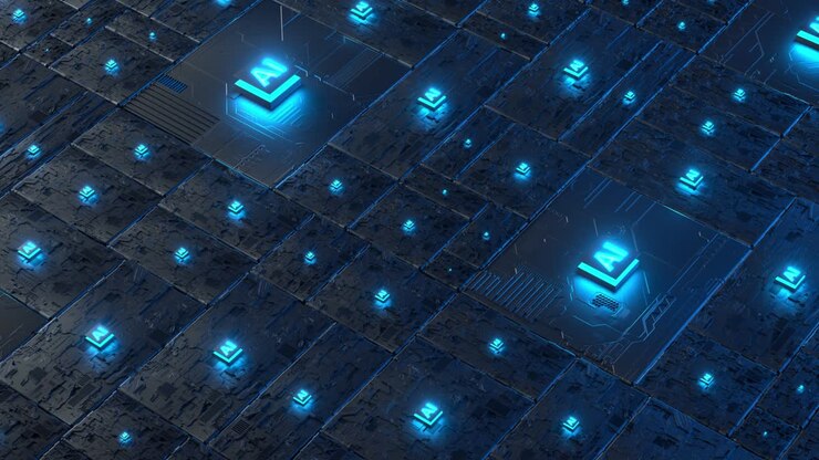 Технология искусственного интеллекта (ИИ) на печатной плате. Зацикленная 3D-анимация.