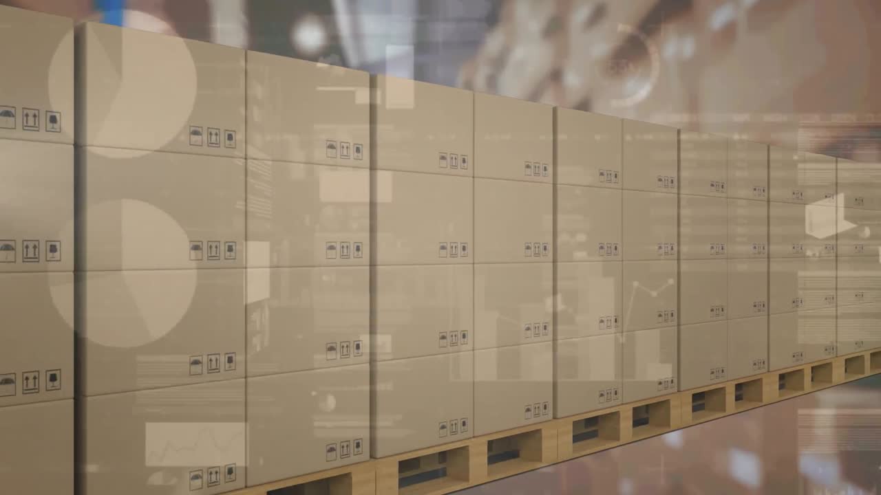 컨베이어 벨트에 있는 카드본 상자 위에서 통계와 데이터 처리의 애니메이션