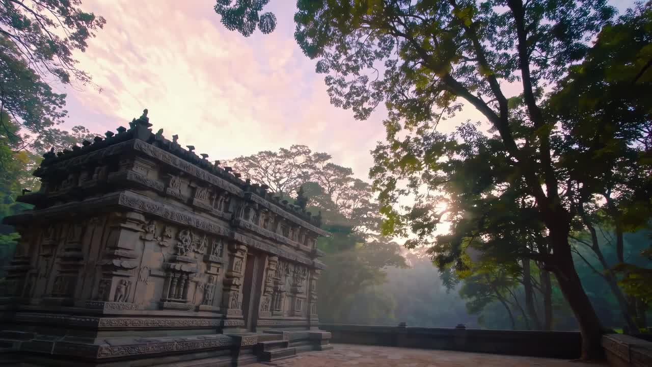 A serene video scene of an ancient temple at sunrise, captured from a low angle