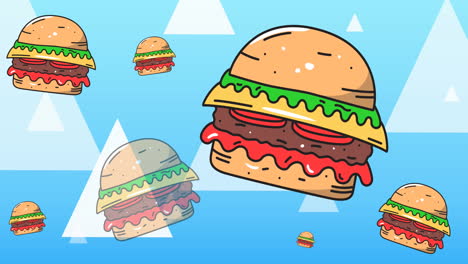 animation of cheeseburgers with rising white triangles on blue background