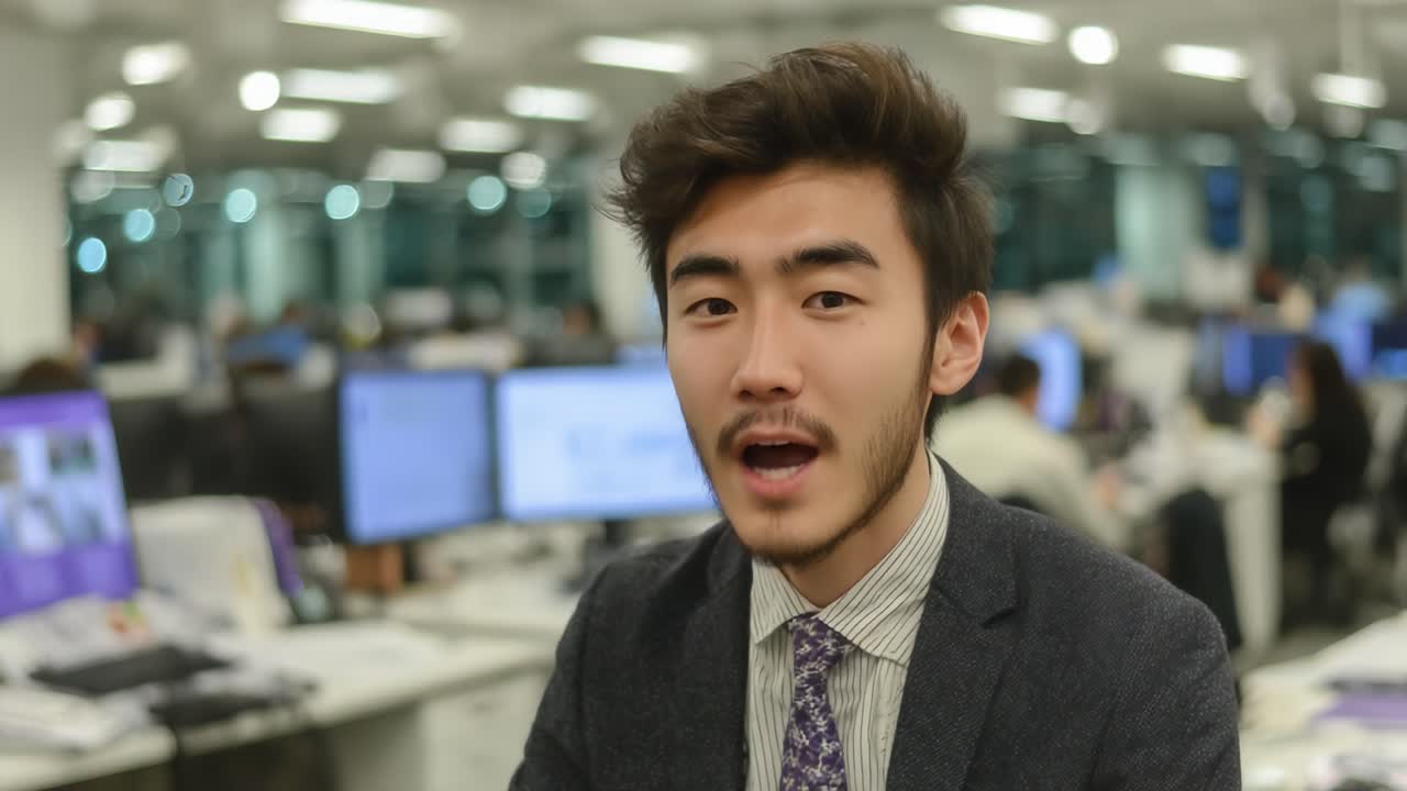 A Young Professional Man at an Office Desk Acknowledging the Camera in a Contemporary Work Environment with Modern Technology and Colleagues in the Background