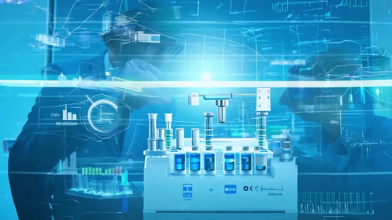 científicos que trabajan en un laboratorio moderno con tecnología avanzada y datos digitales