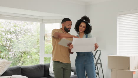 black couple, real estate and tablet for interior