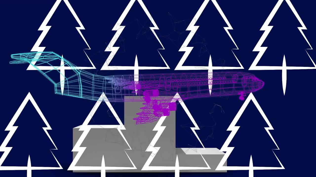 Animation of 3d airplane model spinning over tree icons on blue background