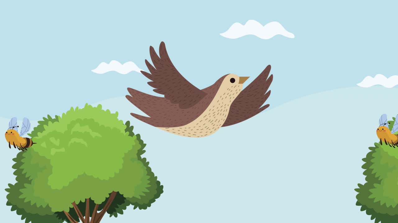 bonito pájaro y abeja volando escena de primavera