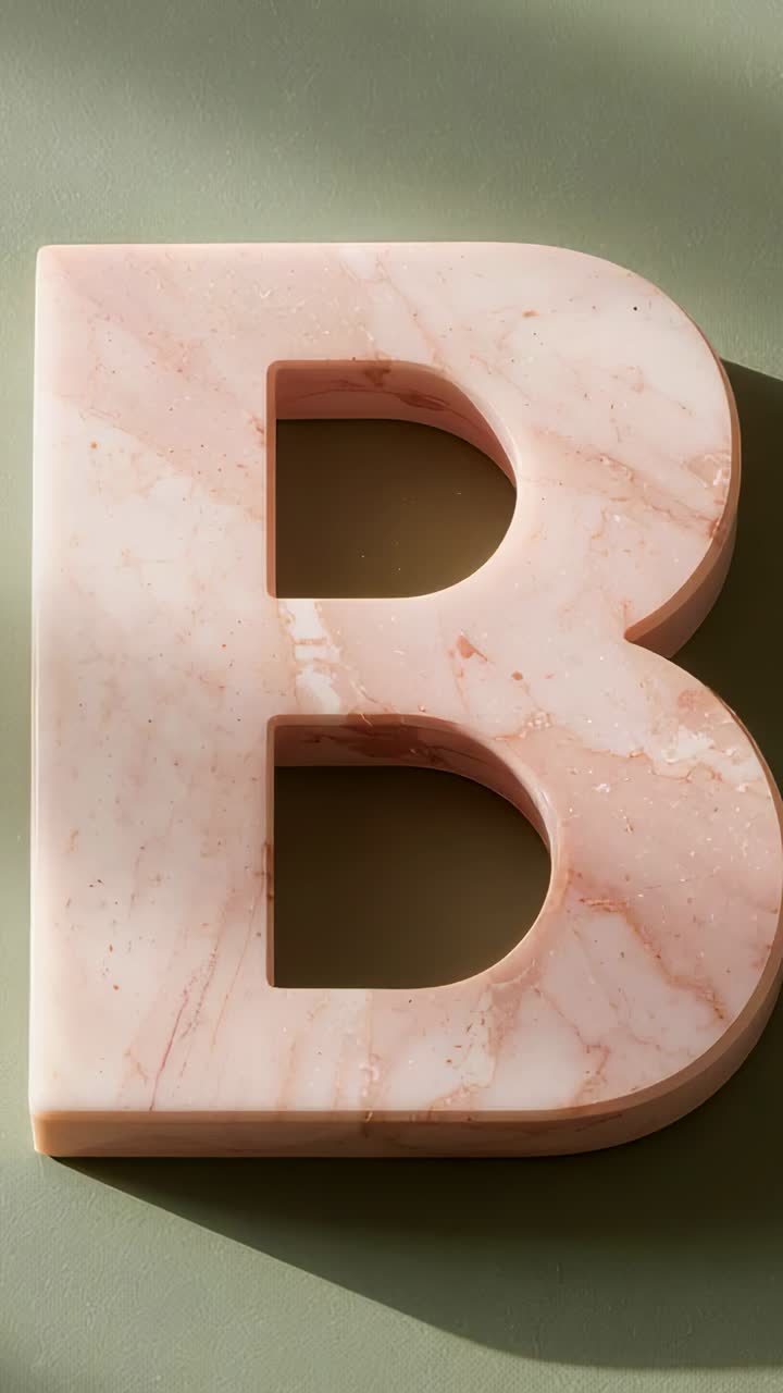 Vertical video: Casting light highlighting polished marbled block letter B on green studio tabletop