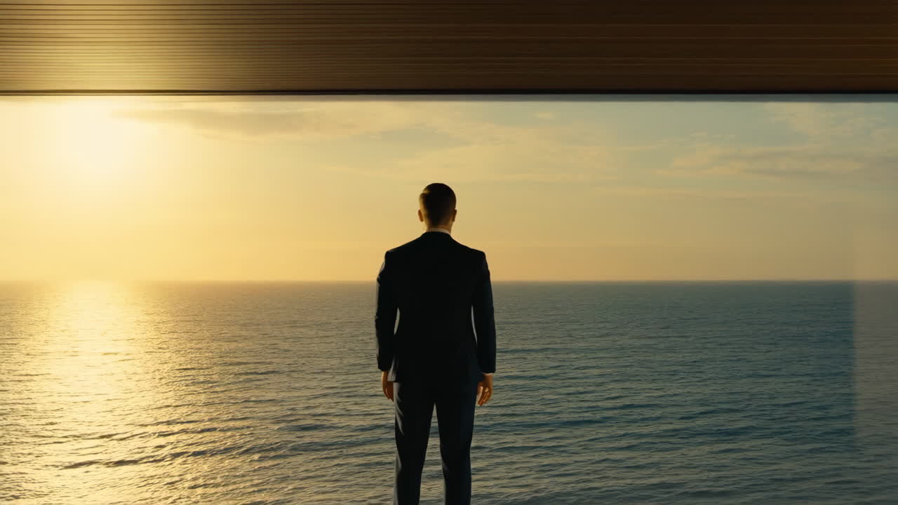 Man in suit gazing at the ocean during sunset from a window
