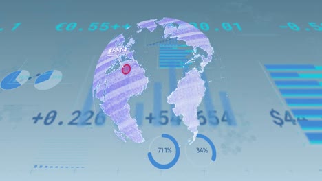 Animación-Del-Icono-Del-Globo-Giratorio-Y-Procesamiento-De-Datos-Estadísticos-Sobre-Fondo-Azul