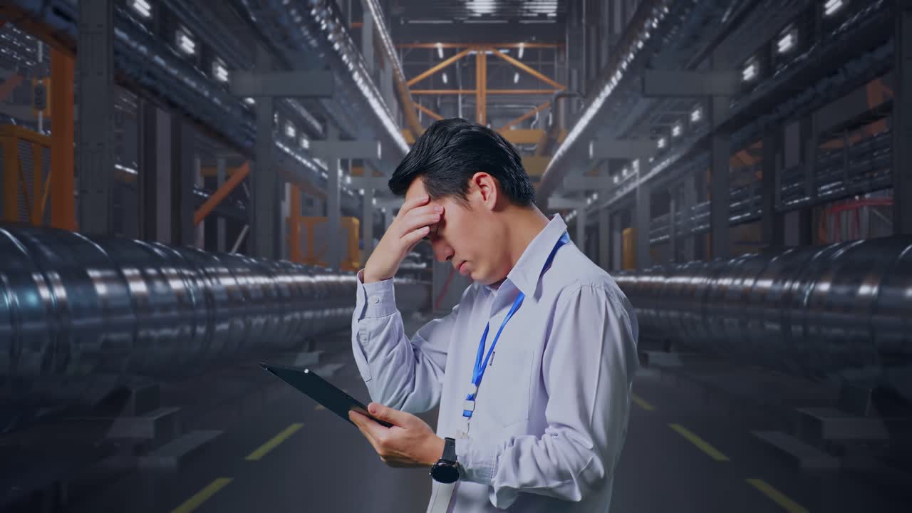 Stressed Factory Worker Looking at Tablet