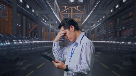 stressed factory worker looking at tablet