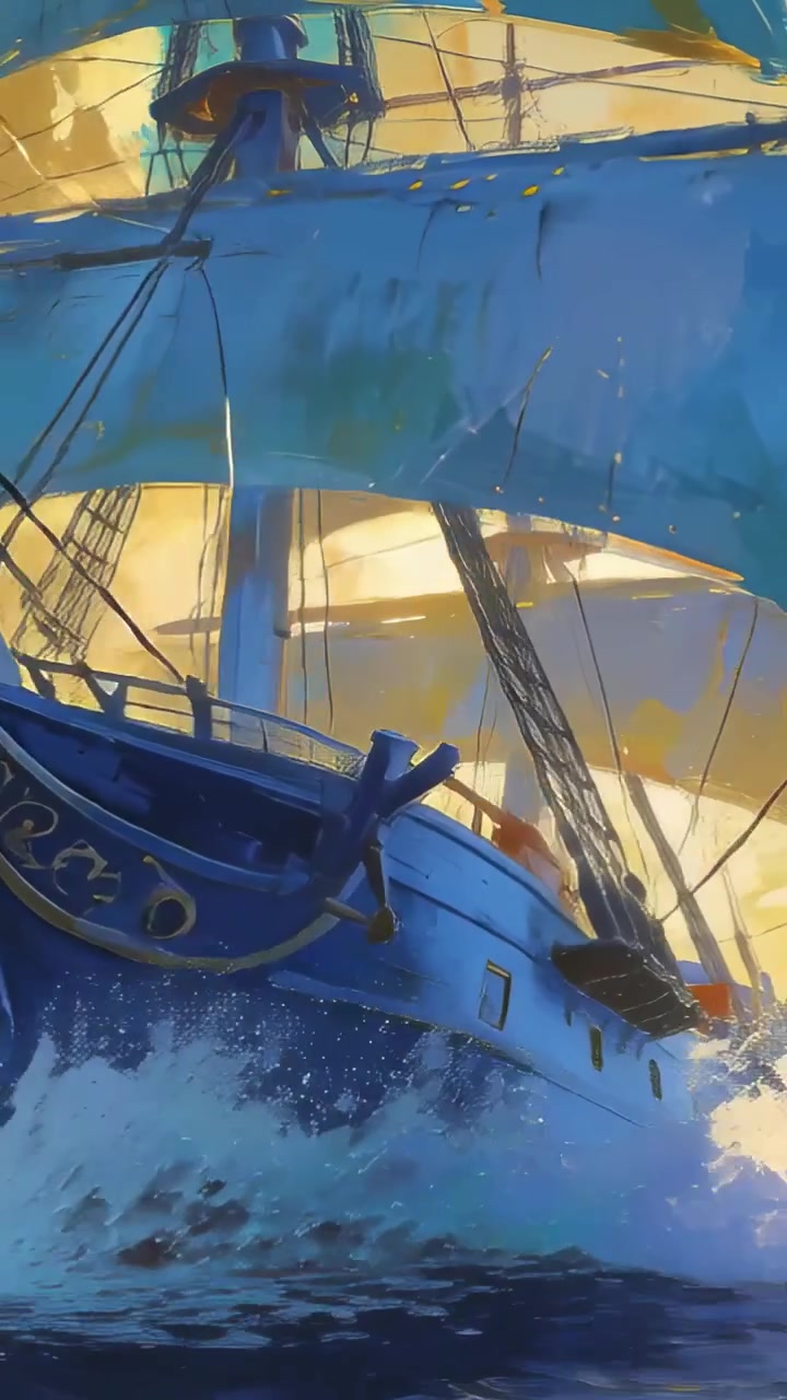 Video verticale: Nave a tre alberi che naviga con grandi vele blu che prendono il vento, solcando il mare illuminato dal sole.