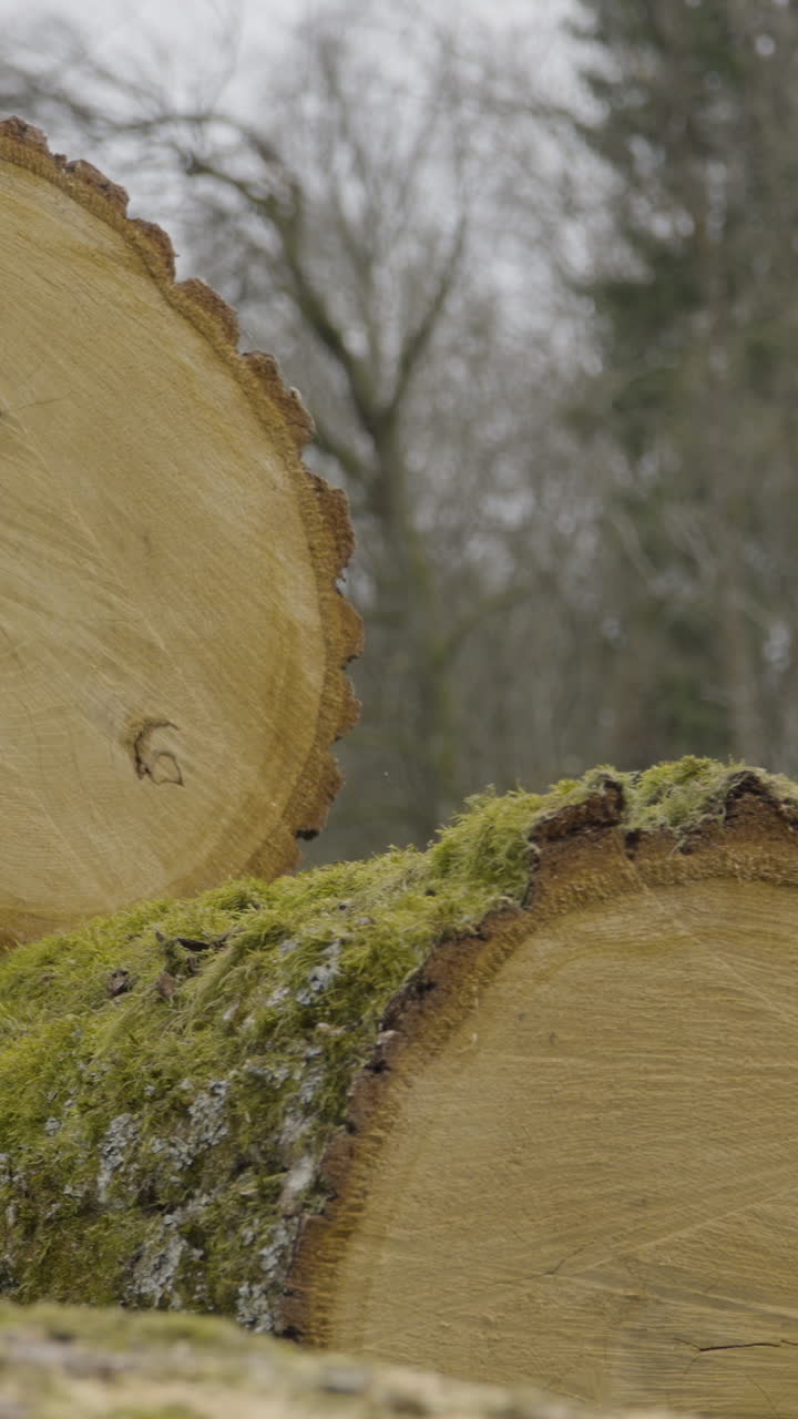 Un'inquadratura verticale ravvicinata di un tronco d'albero appena tagliato con corteccia muschiosa in una foresta invernale nebbiosa. Ideale per la silvicoltura, l'industria del legname e la narrazione ambientale